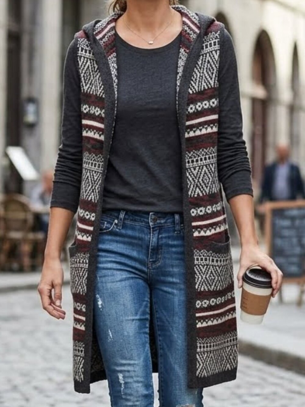 Warehouse One Women's Long Hooded Sleeveless Knit Vest Open Cardigan Size S/P